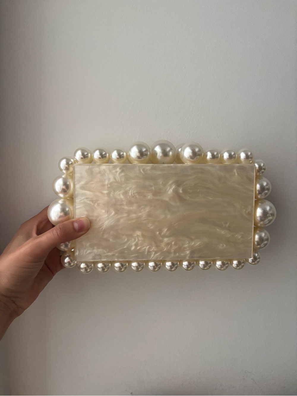 cult gaia Pearl-Trim Cream Marbled Clutch